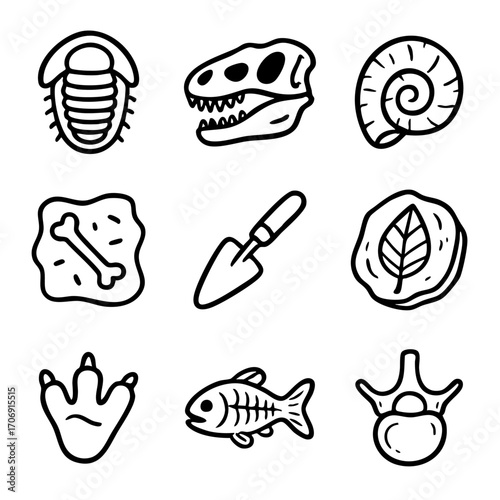 A set of doodle line icons related to fossils, paleontology tools, dinosaur bones, ancient imprints, and archaeological discoveries