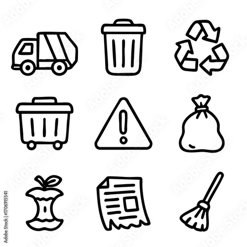 A set of doodle line icons featuring waste disposal, recycling symbols, trash bins, garbage collection, litter, and cleaning tools