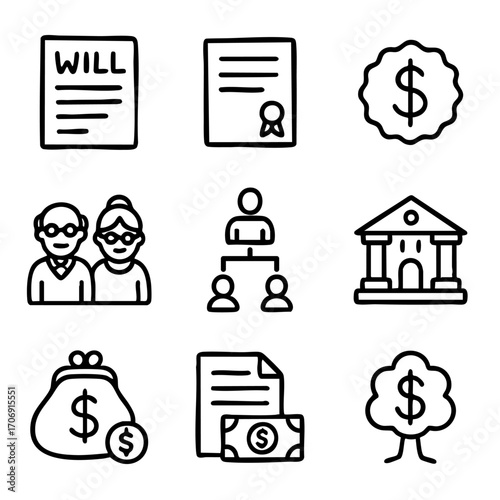 A set of doodle line icons illustrating inheritance, legal wills, family wealth transfer, financial planning, and estate management concepts