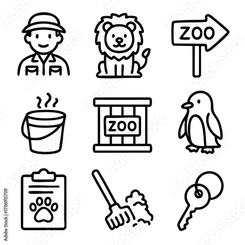 A set of doodle line icons showing zoo animals, zookeepers, feeding tools, enclosures, signage, cleaning equipment, and caretaker accessories
