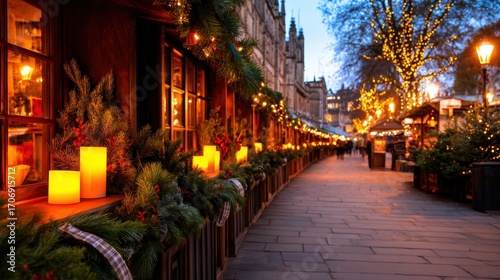 Festive street scene with glowing candles and decorations during winter evening in a lively market