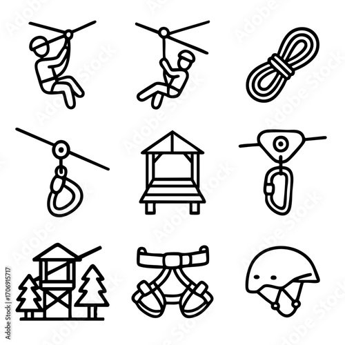 A set of doodle line icons illustrating zipline activities, adventure platforms, safety equipment like harnesses, helmets, carabiners, and ropes