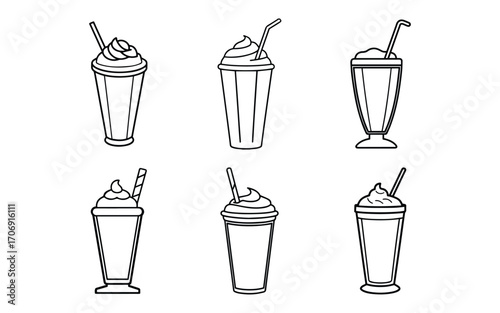 Set of Milkshake outline vector with whipped cream and straw