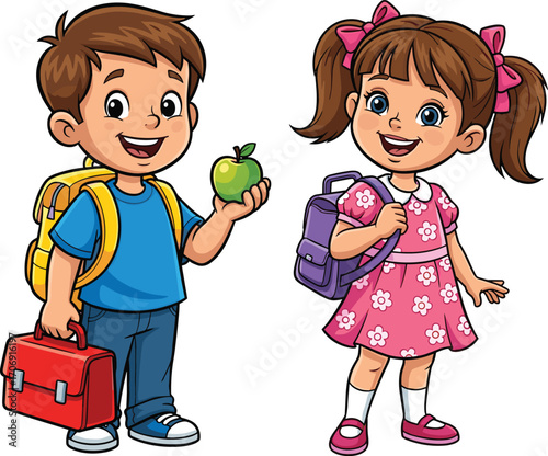 Happy cartoon school kids with backpacks, apple and lunchbox, back to school concept, healthy snack, smiling students illustration