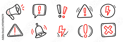 Doodle red exclamation mark, warning sign set. Hand drawn caution signs and warning marks highlight toxic risk, exclamation mark or alert notifications. Doodle stop notification. Vector illustration