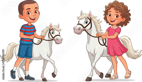 Happy cartoon children walking white ponies, cute boy and girl with horses, horse riding kids, outdoor activity, animal care concept