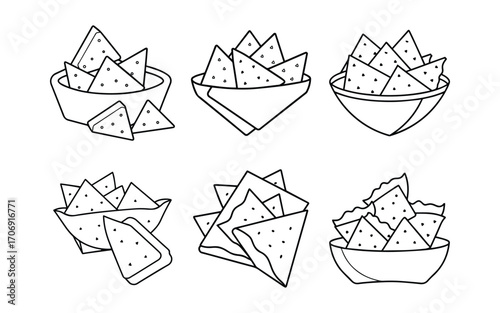 Collection of nachos with cheese outline vector illustration line art