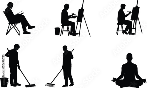 Silhouettes of people doing daily tasks like reading, painting, meditating, sweeping, and raking, isolated on white background, vector