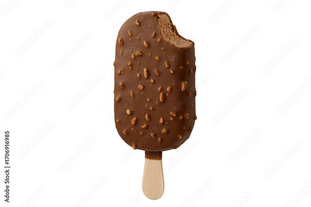 Obraz premium Chocolate-covered ice cream bar on wooden stick with hazelnut pieces, taking a bite, isolated on transparent background