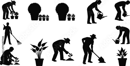 Silhouettes of people gardening, watering plants, planting flowers, raking leaves, potted plants, outdoor garden work, nature care, green lifestyle.