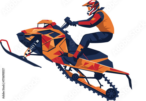 Vector illustration of a rider performing a jump on a colorful snowmobile during a winter sport