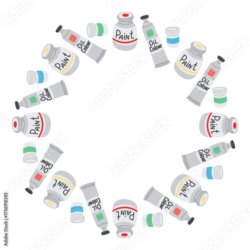 Round frame made of colorful paint jars and oil color tubes on white background. Creative art-themed illustration symbolizing painting tools, inspiration and artistic process