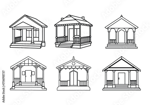 Set of porch line art, black outline, vector and illustration
