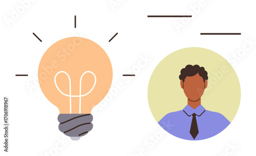 Light bulb glowing beside businessperson avatar in formal attire, symbolizing creativity and innovation. Ideal for brainstorming, leadership, vision, teamwork, business growth, problem-solving