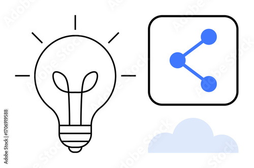 Light bulb representing innovation, sharing icon indicating collaboration, and a simple cloud depicting connectivity. Ideal for creativity, teamwork, networking, technology, communication, cloud