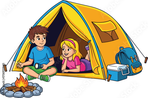 Kids enjoying camping trip, sitting near campfire, relaxing in tent, backpack and cooler nearby, outdoor adventure, summer vacation fun.