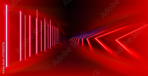 Abstract red neon arrow light glow background. Futuristic cyber laser line motion banner for casino. Dynamic techno perspective beam 3d graphic design. Cool party power
