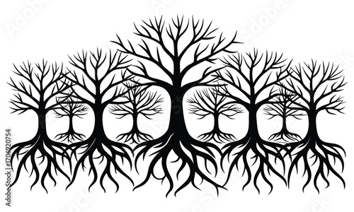 Tree Roots Silhouette Vector Leafless Tree Illustration with Connected Roots