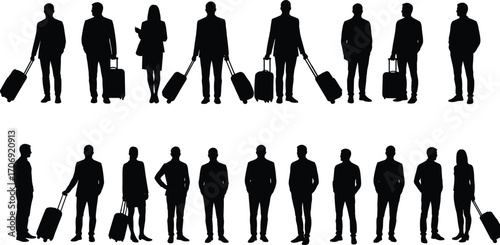 Group of Silhouettes with Suitcases and Luggage Standing in a Row, Business Travelers, Airport Concept, Travel Illustration, Airport Travel Vector Art