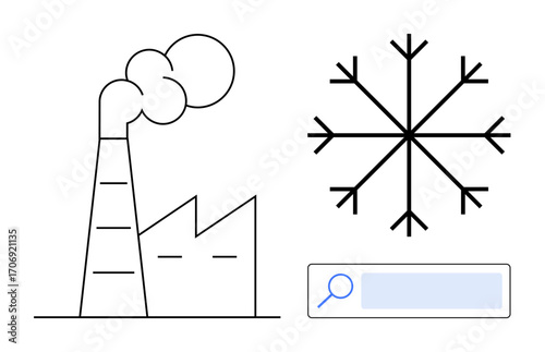Factory emitting smoke, large snowflake, and search bar for ecological research, climate change, sustainability, air pollution, industry impact, energy, simple landing page