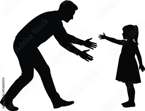 Parent and child silhouette, emotional family moment, black vector illustration, caring adult reaching child, love connection, reunion pose, relationship graphic element