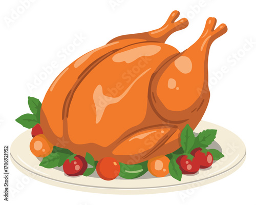 Roast turkey with herbs and vegetables on a plate. Festive holiday dinner illustration, perfect for Thanksgiving, Christmas, menus, invitations and seasonal food designs