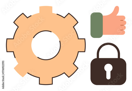 Gear, thumbs-up hand, and lock merge to symbolize security, efficiency, teamwork, and trust. Ideal for teamwork, productivity, security operations approval business innovation simple flat