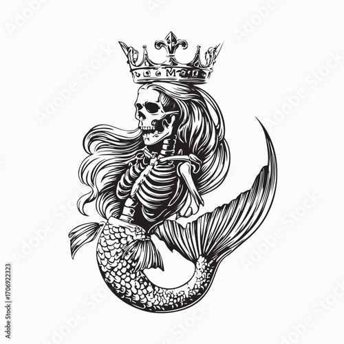 Crowned Skeleton Mermaid Fantasy Vector Art Design isolated on white background
