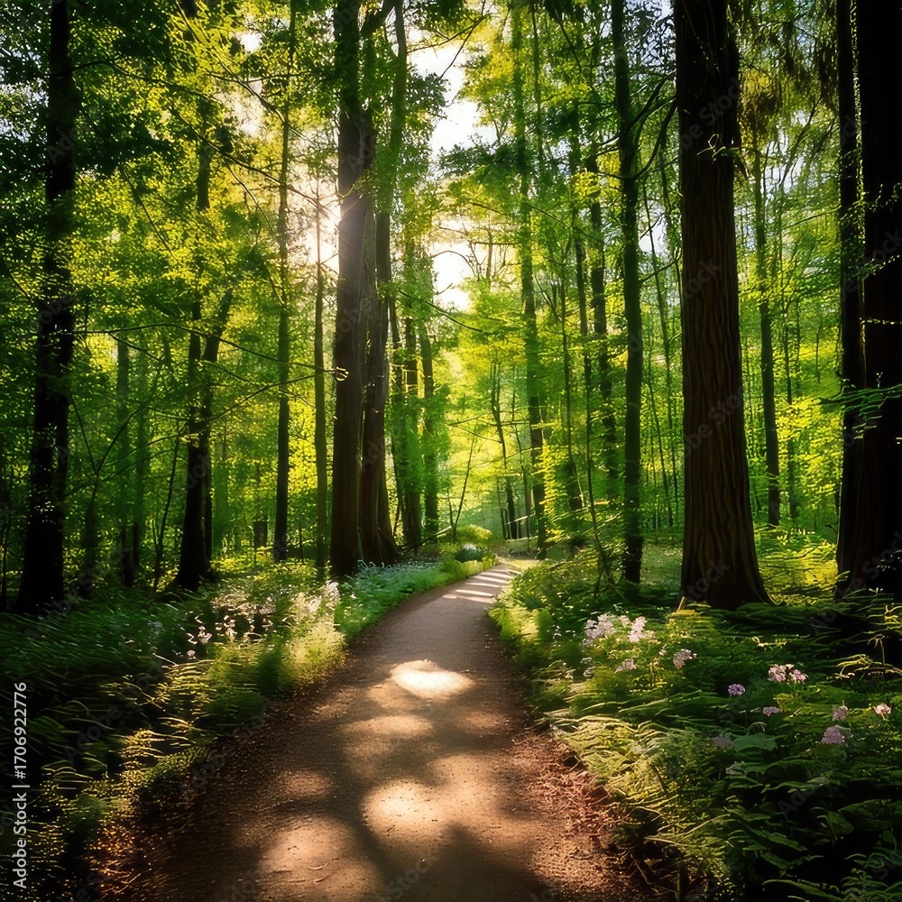 Fototapeta premium Sunlight streams through a verdant forest path (1)