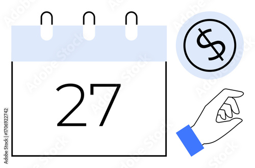 Calendar with large date, dollar sign in coin, and hand indicating transaction or schedule. Ideal for finance, budgeting, deadlines, payments, planning productivity timelines. Simple flat metaphor