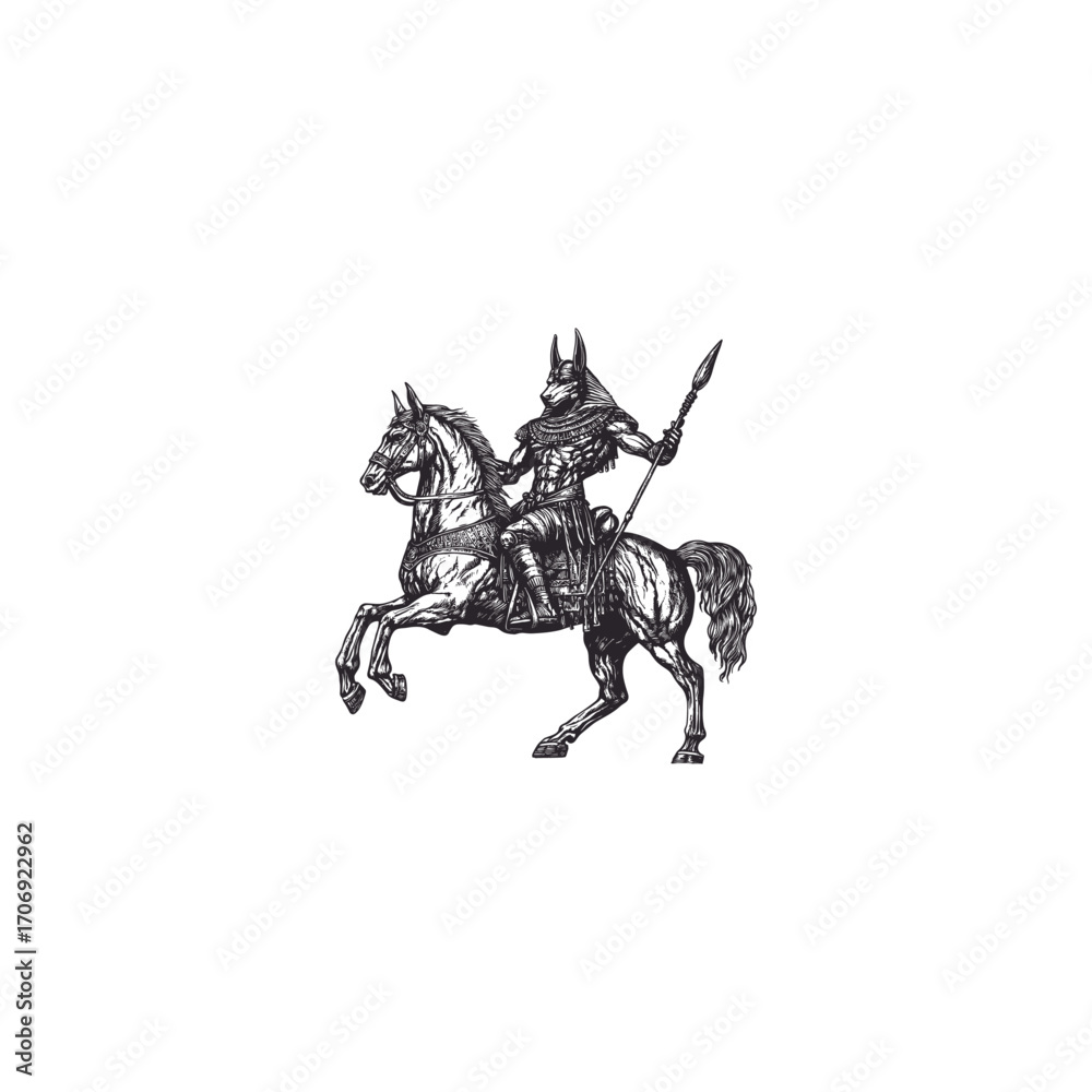 Fototapeta premium Vintage engraving illustration of the Egyptian god Anubis, the jackal-headed deity, riding a powerful horse and holding a spear. Mythology, history, and fantasy concept art