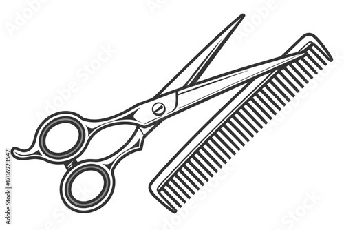Minimal line art of barber scissors crossed with comb on white background