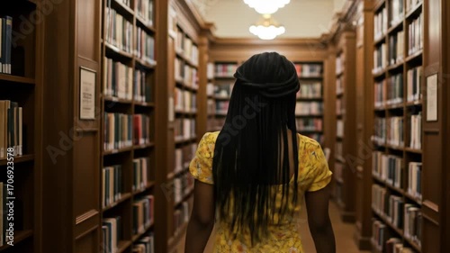 Woman walks through a classic library, surrounded by bookshelves. Education concept.