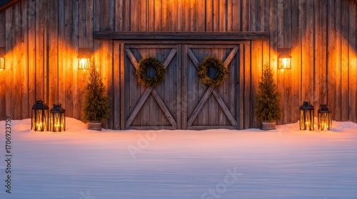 A cozy wooden barn entrance adorned with wreaths and lanterns, surrounded by snow in a serene winter setting