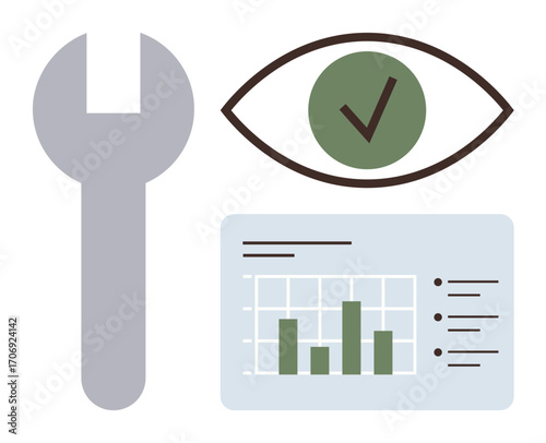 Tool for adjustments, analytics graph for performance measurement, eye with checkmark for validation. Ideal for data analysis, system optimization, monitoring, validation, quality control
