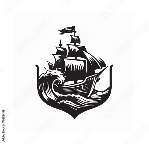 Old Pirate Sailing Ship on Rough Sea Vector Image isolated on white background