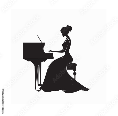 Woman Playing Piano Silhouette Vector Logo Design on white background