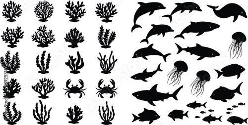 Underwater sea animals silhouette vector, marine life illustration, coral reef icons, fish dolphin crab jellyfish design, ocean wildlife collection