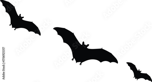 Three black bats flying diagonally with glowing eyes, spooky Halloween theme, nocturnal winged mammals, dark silhouette wildlife vector illustration