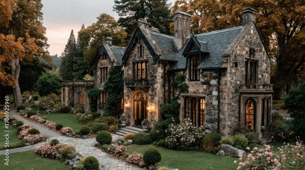 Fototapeta premium Large historic residence set within lush formal gardens and bordered by scenic woodland views