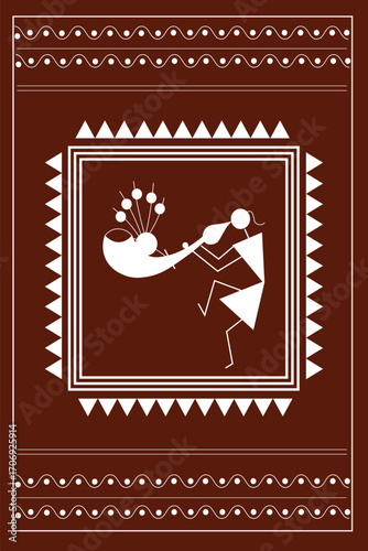 Indian Traditional and Cultural Warli art concept of a person playing musical instrument isolated on dark brown background - vector illustration
