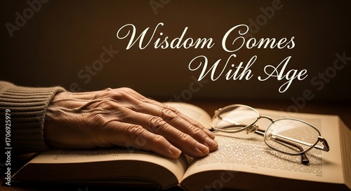 Evocative illustration for International Day of Older Persons, with a senior person's hand resting on an open book, and the text 