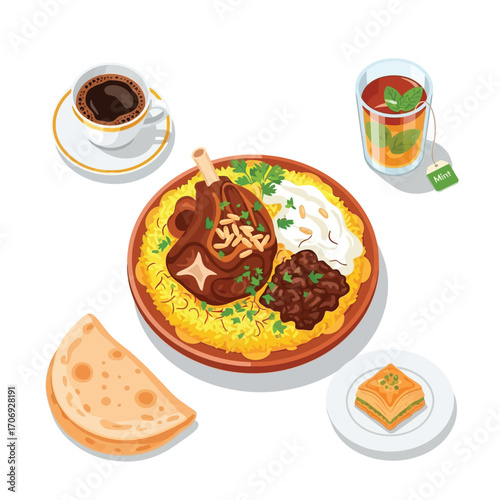 Delicious Middle Eastern Cuisine Lamb Shank with Rice, Beans, and Baklava