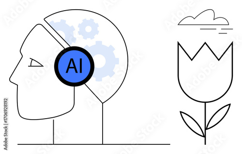 Profile of a head with AI gears and a blooming flower, representing technology and nature coexisting. Ideal for innovation, AI, sustainability, balance, hybrid thinking, creativity, simple flat