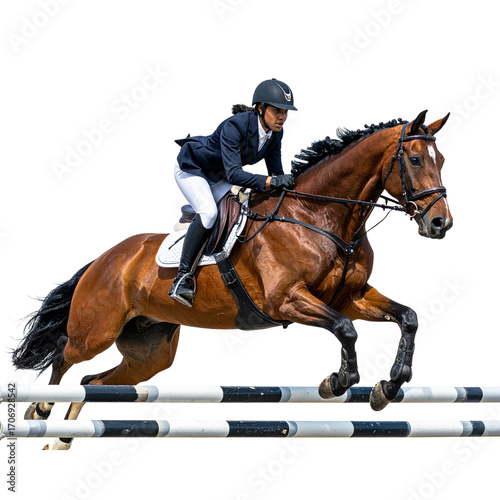  Show Jumping Rider in Action, Mid-Air Over Obstacle
