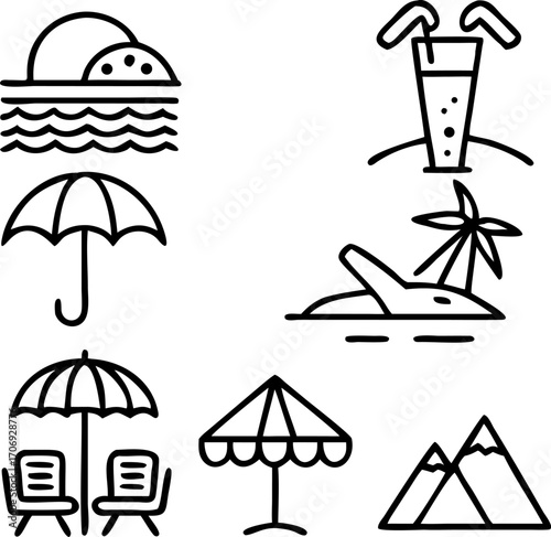 Vector art of summer vacation icon set the set includes icons of beach, umbrella, cocktail, island, mountain, and other summer vacation related