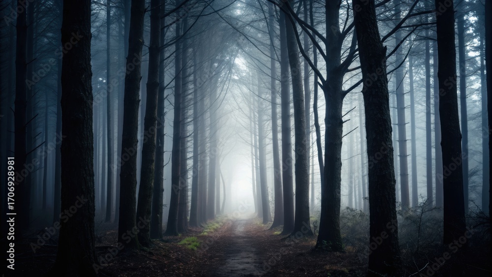 Obraz premium A misty forest path lined with tall trees, creating an eerie and atmospheric scene filled with soft light.