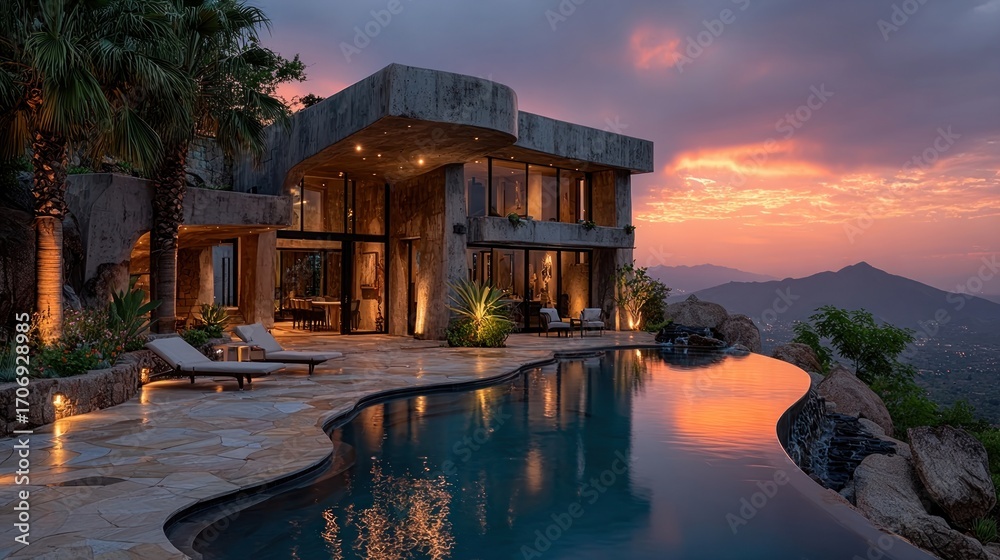 Obraz premium Lavish home built into a hilltop setting, surrounded by palm-lined paths and expansive ocean vistas