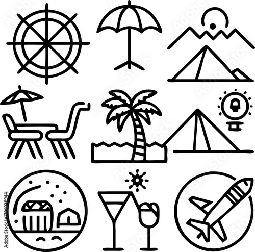 Vector art of collection of travel and vacation icons set includes airplane, palm tree, mountain, sun, cocktail, compass, and chair