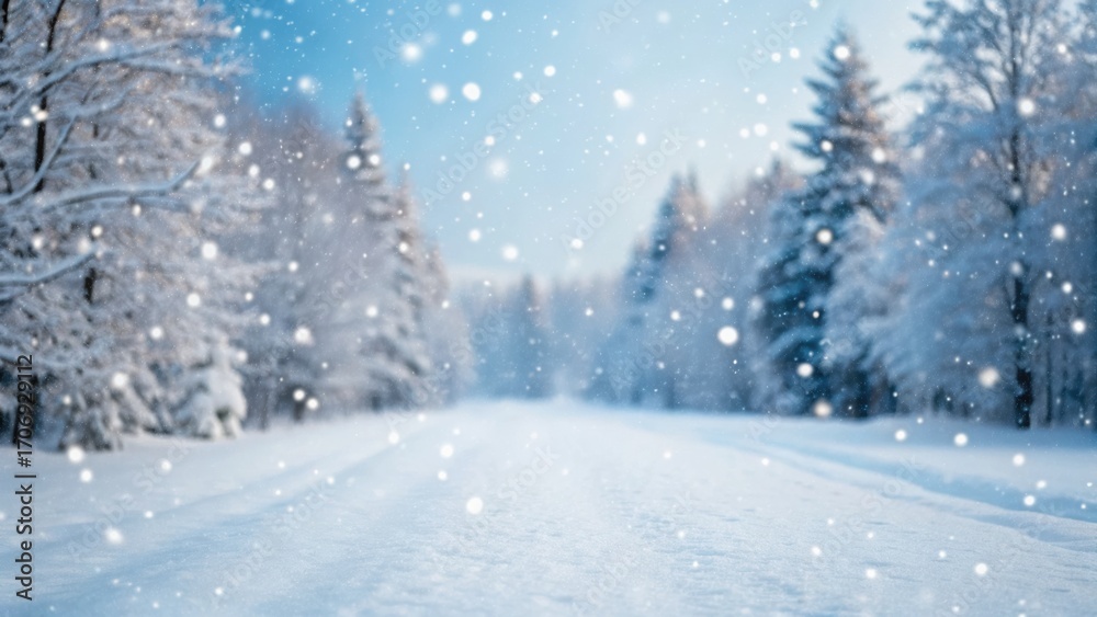 Fototapeta premium Snow-covered landscape with trees and falling snowflakes, creating a serene winter atmosphere.